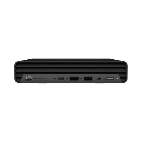 Front view of the refurbished HP ProDesk 600 G6 Mini i7 10700T 2GHz 8GB 1TB, featuring USB, USB-C, audio jack, power button, and a black vented front panel. Includes WIFI, Windows 11 Pro, and a 1-year warranty.