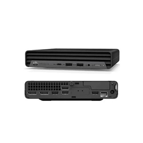 Front and back views of the refurbished HP ProDesk 600 G6 Mini i7 10700T (8GB, 1TB, WiFi, Windows 11 Pro), featuring USB, audio, HDMI, Ethernet, and power ports. Includes a 1-year warranty.