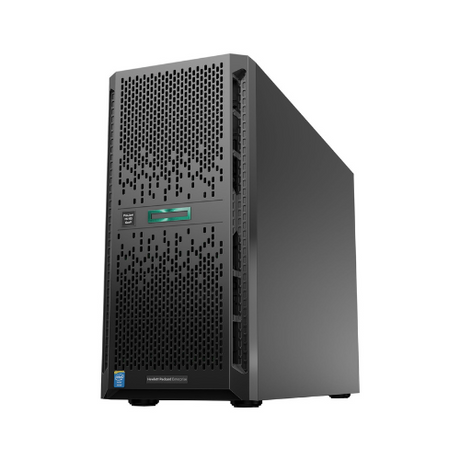 The HP Proliant ML150 G9 E5-2609 1.7GHz 16GB 2x1TB WIFI Server features a black tower design with a perforated front, HPE logo, green status light, and Intel sticker on the bottom left—ideal for small business use.