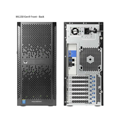 Front and back view of the HP Proliant ML150 G9 E5-2609 1.7GHz 16GB 2 x 1TB WIFI Server by HP. The front features the HP logo and vents; the back shows ports, slots, and cooling—perfect for small business use.