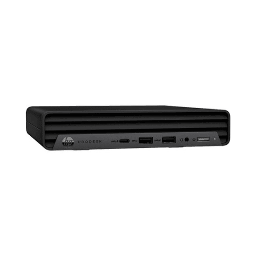 The HP ProDesk 400 G6 Mini, shown from the front, has multiple USB ports, an audio jack, and a power button. Powered by an Intel Core i5-10500T processor with 8GB RAM and 256GB SSD. Comes with Windows 11 Pro and 1-year warranty.