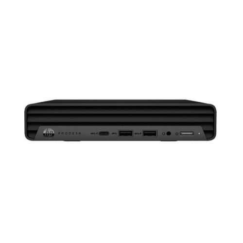 Front view of the refurbished HP ProDesk 400 G6 Mini, featuring USB, USB-C, headphone jack, and power button. Equipped with Intel Core i5-10500T, 8GB RAM, 256GB SSD, Windows 11 Pro, and a 1-year warranty for reliable performance.