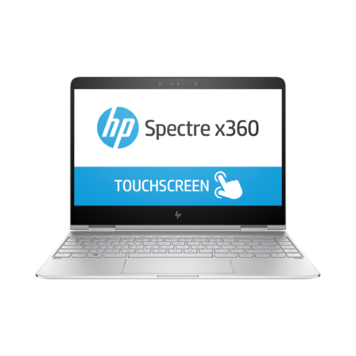 Front view of the slim HP Spectre x360 13-w031tu laptop in aluminum, screen showing HP logo, Spectre x360 branding, and touchscreen icon on a white background. Features i7 7500U, 8GB RAM, 512GB SSD, and Windows 10 Pro.
