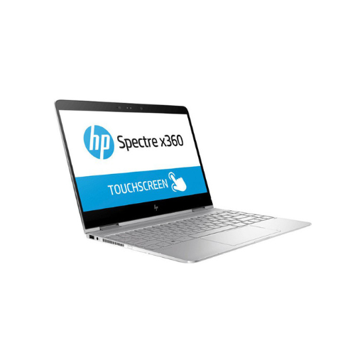 A silver HP Spectre x360 13-w031tu laptop with a 13.3 touchscreen is open, displaying the HP logo, Spectre x360 branding, and TOUCHSCREEN text with an icon. It features an i7 7500U processor, 8GB RAM, and a 512GB SSD.