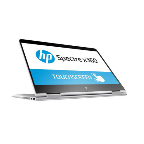 The slim silver HP Spectre x360 13-w031tu is pictured in tent mode, featuring a sleek aluminum body. The 13.3 touchscreen shows HP Spectre x360 and a touch icon, highlighting its responsive display and stylish design.