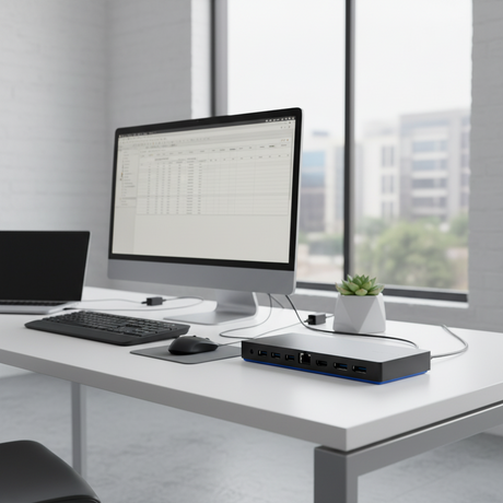 A modern office desk features a monitor with a spreadsheet, laptop, mouse, small potted succulent, and the HP USB-C Dock G4 L13899-001 (90W, HDMI, 2x DP, Gigabit Ethernet) by HP, with cables connected, near large windows overlooking buildings.