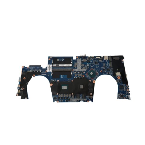 A certified refurbished HP ZBook 15 G5 motherboard (L28695-001) with E-2186M processor, RAM slots, connectors, and ports by HP, photographed on a white background. Includes 1-year warranty.