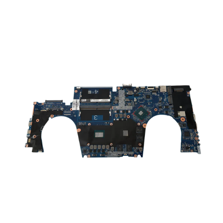 A certified refurbished HP ZBook 15 G5 motherboard (L28695-001) with E-2186M processor, RAM slots, connectors, and ports by HP, photographed on a white background. Includes 1-year warranty.