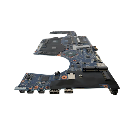 A close-up view of a certified refurbished HP ZBook 15 G5 motherboard L28695-001 with an E-2186M processor, showing various chips, ports, and electronic components from HP against a white background. 1-year warranty included.