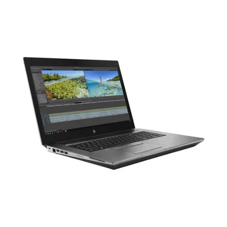 A silver HP ZBook 17 G6 E-2186M laptop with a 17.3" UHD display is open and angled left, showing nature images in photo and video editing software on its screen, set against a white background.