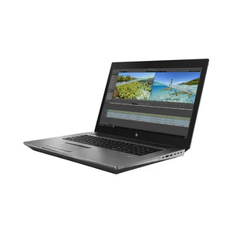 A silver HP ZBook 17 G6 E-2186M laptop with black keyboard, 17.3" UHD display showing editing software, angled on a white background; features 64GB RAM, 1TB SSD, P5200 graphics, and Windows 11 Pro.