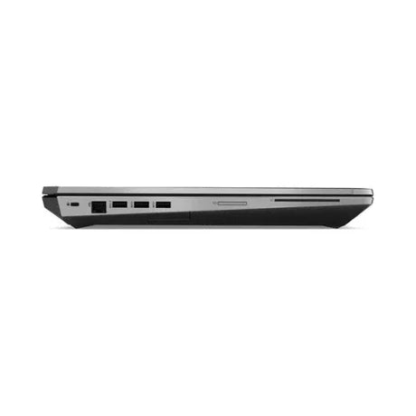 A closed HP ZBook 17 G6 E-2186M laptop is shown from the side, revealing multiple USB ports, an Ethernet port, and a slot for SD card or optical drive. Features include 64GB RAM, 1TB SSD, P5200 GPU, and 17.3" UHD display.