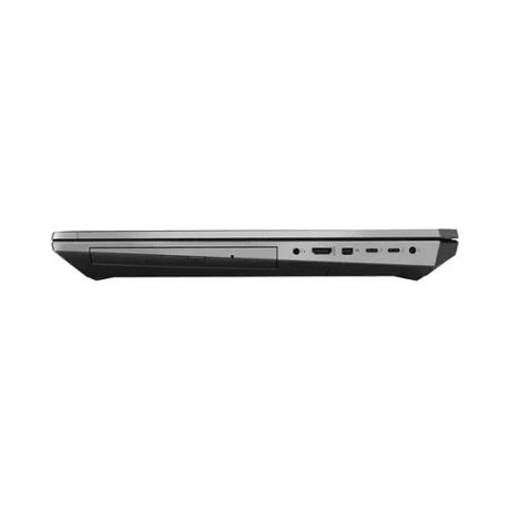 A closed HP ZBook 17 G6 E-2186M laptop is shown from the side, displaying ports like USB, HDMI, Ethernet, audio jack, and an optical drive slot. Features include 64GB RAM, 1TB SSD, P5200 GPU, 17.3" UHD display, Windows 11 Pro.