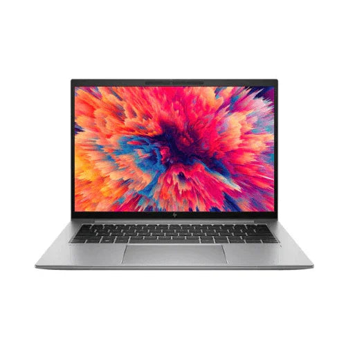 A silver refurbished HP ZBook Firefly 14 G9 i7-1260P laptop with a black keyboard is open, displaying a vibrant abstract explosion on screen against a plain white background.
