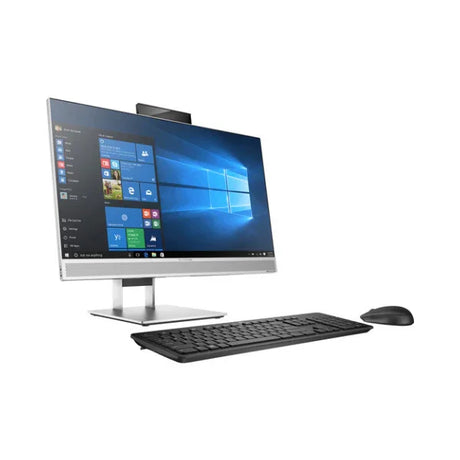 The HP EliteOne 800 G4 AIO (i7-8700, 16GB RAM, 256GB SSD, RX 560, 23.8 Touch) delivers enterprise-grade security and performance in a sleek all-in-one PC with Windows 11 Pro, plus a black keyboard and mouse on a white desk.