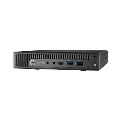 The refurbished HP EliteDesk 800 G2 USDT features an Intel i5-6500T, 8GB RAM, 256GB SSD, and Windows 10 Pro. Front panel includes USB ports, headphone jack, power button, HP logo, and EliteDesk label—ideal for business setups.