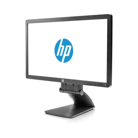A refurbished HP EliteDisplay E221 21.5" monitor is angled to show the HP logo on its screen, resting on a rectangular stand with curved support against a plain white background. The display features 1920x1080 resolution and multiple ports.