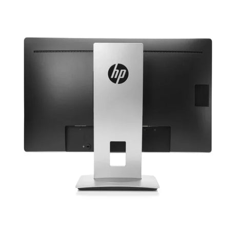 The image shows the back of an HP all-in-one computer with a silver stand and centered HP logo, beside a certified refurbished HP EliteDisplay E222 IPS 21.5" monitor featuring VGA, HDMI, DP, and USB ports. The computer is black with visible ports and vents.