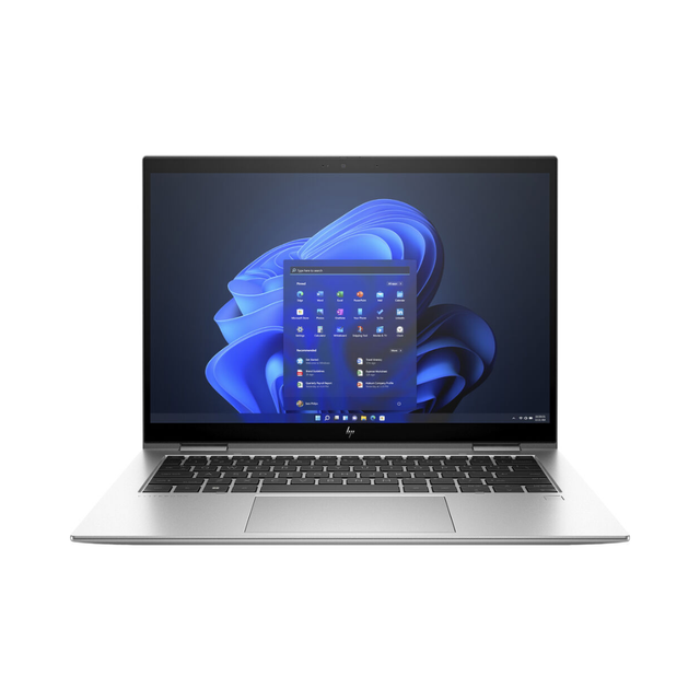 An HP EliteBook X360 1040 G9 i7 1255U 14" Touch laptop is open and on, showing the Windows 11 Pro home screen with app icons against a blue abstract background, viewed from the front. Certified refurbished. Brand: HP.