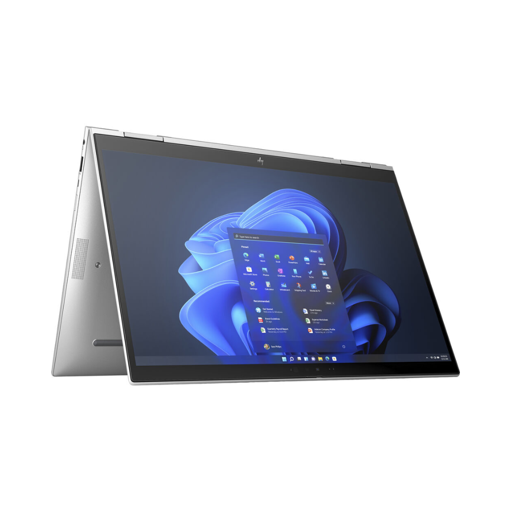 A silver HP EliteBook X360 1040 G9 i7 laptop in tent mode displays the Windows 11 Pro start menu on its 14" touchscreen, shown against a plain white background.