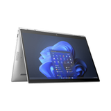 A silver HP EliteBook X360 1040 G9 i7 laptop in tent mode displays the Windows 11 Pro start menu on its 14" touchscreen, shown against a plain white background.