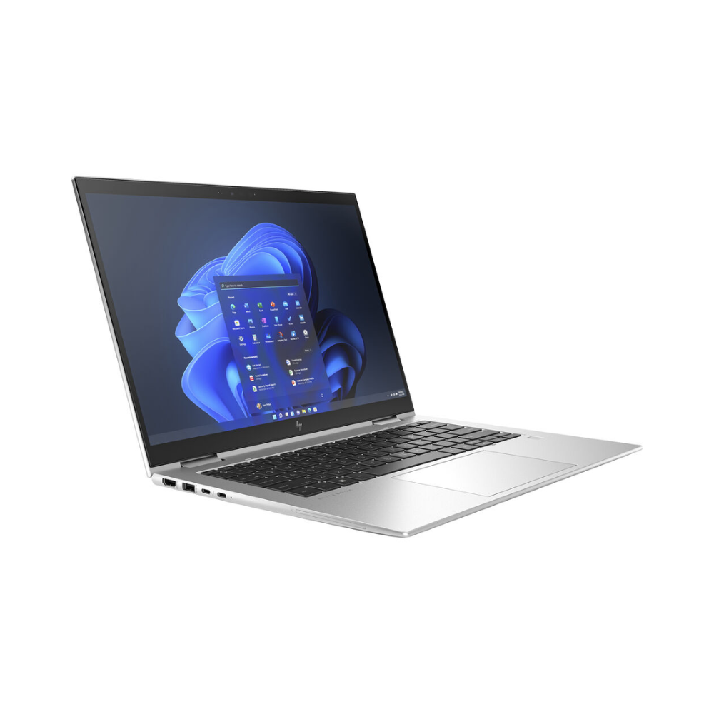 A certified refurbished HP EliteBook X360 1040 G9 i7 1255U 16GB 512GB 14" Touch laptop by HP is open at an angle, showing the Windows 11 Pro screen against a plain white background.
