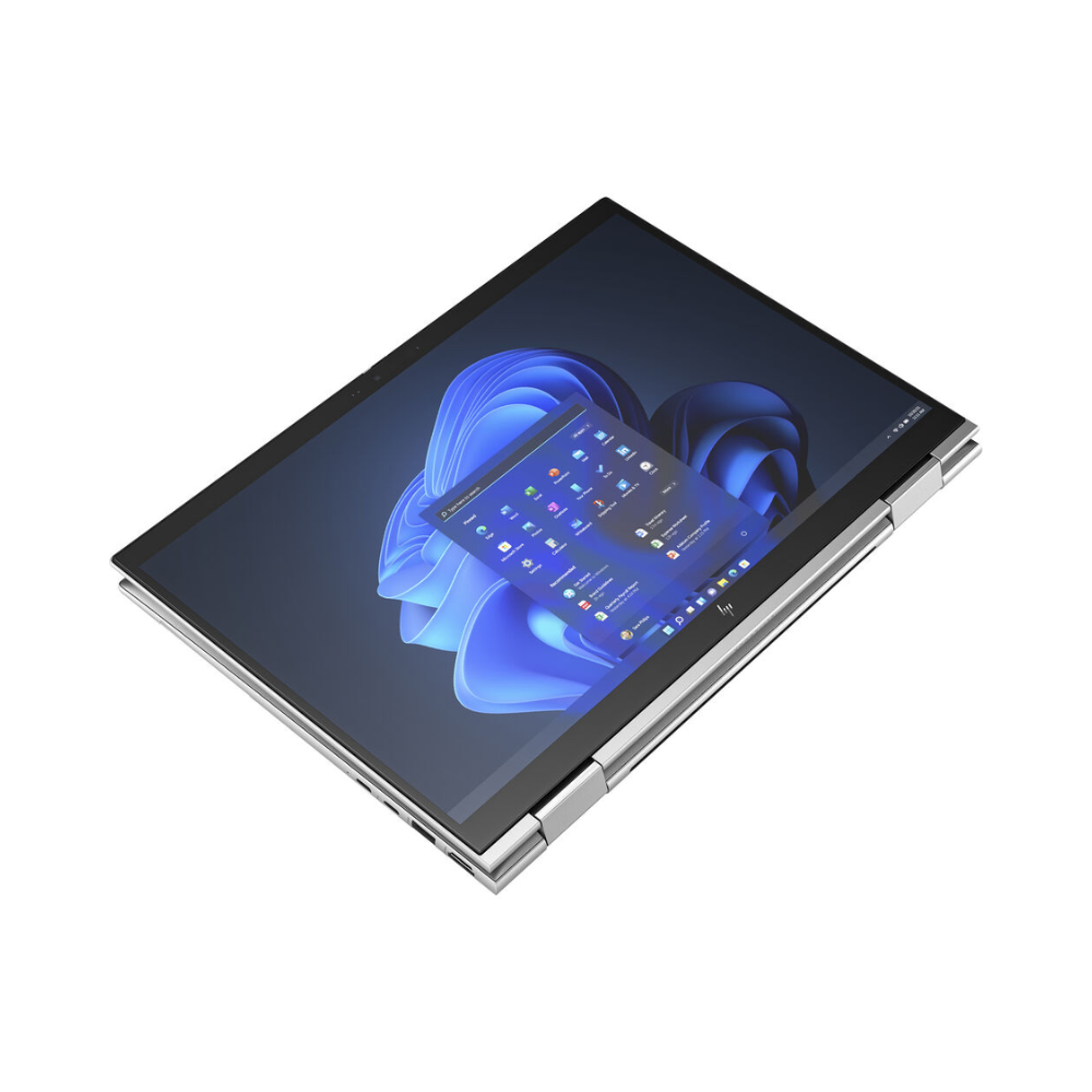 A certified refurbished HP EliteBook X360 1040 G9 i7 1255U 2-in-1 laptop is shown in tablet mode with the Windows 11 Pro start menu on its 14” touch display, displayed against a white background.
