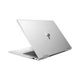A certified refurbished silver HP EliteBook X360 1040 G9 i7 1255U 14" Touch laptop is partially open, viewed from the back left with the HP logo visible. Some ports and part of the keyboard are shown against a white background.