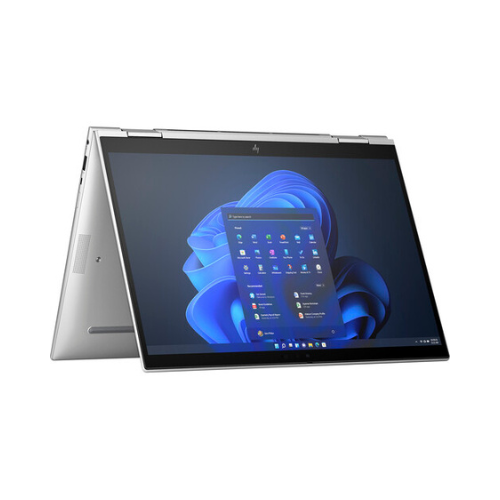 The HP EliteBook x360 830 G10, a silver 13.3" convertible laptop with i5-1345U, 16GB RAM, and 256GB storage, is shown in tent mode displaying the Windows 11 Pro start menu. Its slim design and hinges highlight its versatile functionality.