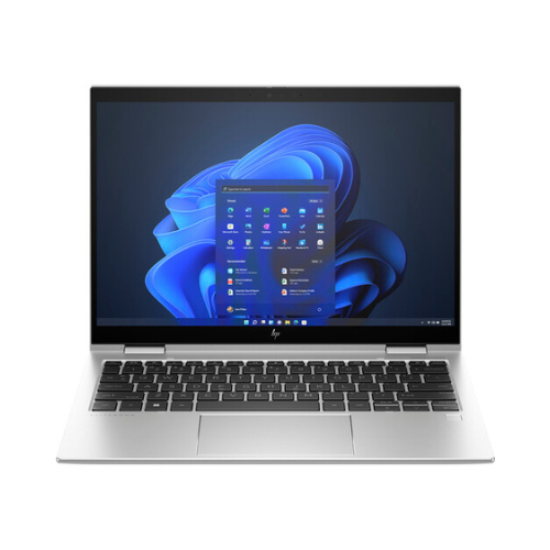 An HP EliteBook x360 830 G10 convertible laptop with a black keyboard shows the Windows 11 Pro start menu on its 13.3" touchscreen, set against a blue abstract background.