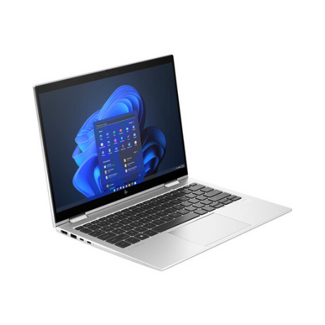 An HP EliteBook x360 830 G10 (i5-1345U, 16GB, 256GB, 13.3" Touch) convertible laptop is open on a white background, showing the Windows 11 Pro home screen.