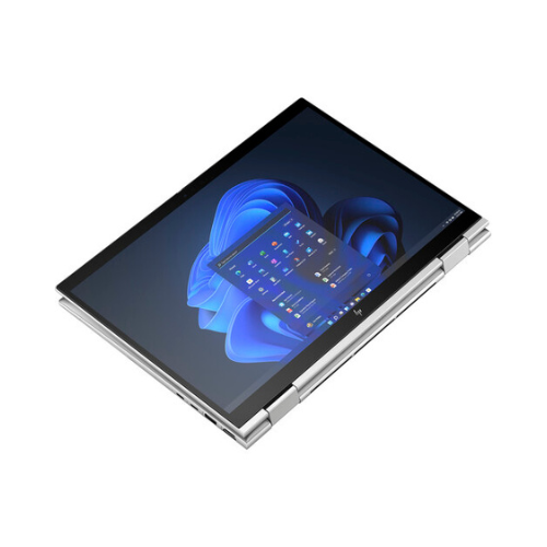 An HP EliteBook x360 830 G10 i5-1345U 16GB 256GB 13.3" Touch W11P, shown in tablet mode with its screen folded back, displays the Windows 11 Pro start menu on a blue abstract background.