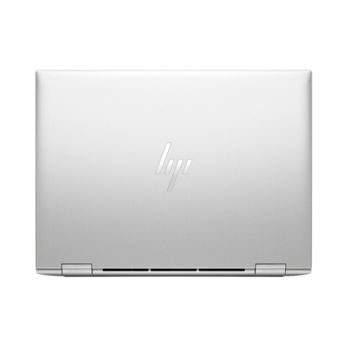 A closed silver HP EliteBook x360 830 G10 is shown from above, featuring the centered HP logo, visible hinges, and ventilation slots along the back edge. Model: i5-1345U, 16GB RAM, 256GB SSD, 13.3" touch display.