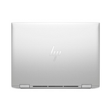 A closed silver HP EliteBook x360 830 G10 is shown from above, featuring the centered HP logo, visible hinges, and ventilation slots along the back edge. Model: i5-1345U, 16GB RAM, 256GB SSD, 13.3" touch display.