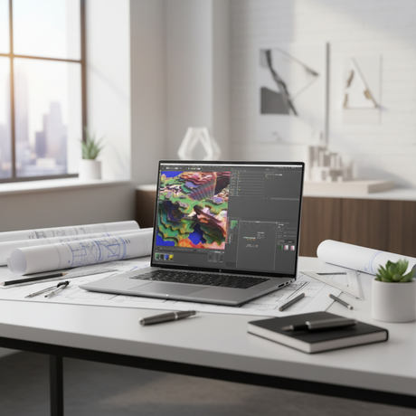 An HP ZBook Studio G9 i7 12800H 64GB 1TB SSD RTX 3070 workstation showcases vivid 3D modeling software amid blueprints, pens, a notebook, and a potted plant in a bright modern office with large windows.
