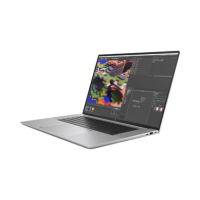 A slim silver HP ZBook Studio G9 (i7-12800H, 64GB RAM, 1TB SSD, RTX 3070, 15.6", W11P) by HP is open on a white background with vibrant graphics and code on its screen, suggesting use for digital art or coding.