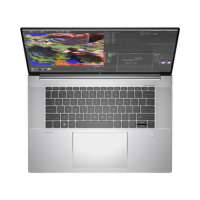 A certified refurbished HP ZBook Studio G9 i7 12800H with 64GB RAM, 1TB SSD, RTX 3070, and a 15.6" display is shown from above, featuring a colorful abstract image and coding interface on its screen.