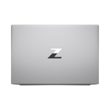 A closed HP ZBook Studio G9 i7 12800H laptop is shown from above, the silver lid featuring a metallic Z logo at its center.
