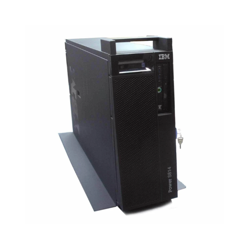 IBM S814 8286-41A 4-Core POWER8 Tower Server (32GB, Dual 900W PSU, Black) by IBM shown with mesh front, key lock, USB ports, and top handles on a flat base against a white background.
