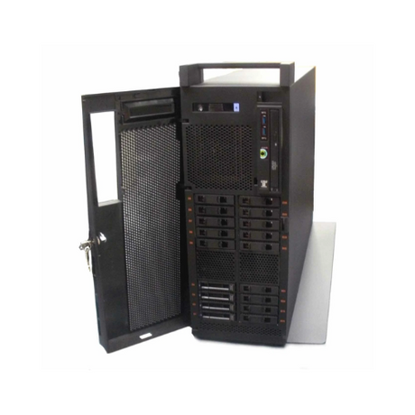 A black IBM S814 8286-41A 4-Core POWER8 32GB Tower Server with an open mesh front door, multiple drive bays, and control buttons stands upright against a white background. Dual 900W PSU | Wty.