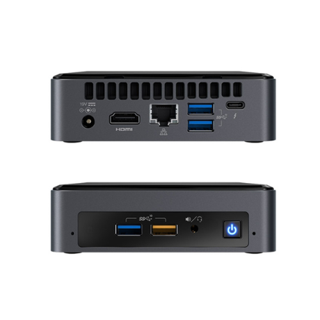 Two views of the Intel NUC8i5BEK Mini PC show its front and back panels with USB, HDMI, Ethernet, headphone jack, and power button. Powered by an Intel Core i5-8259U processor, 8GB RAM, 256GB SSD, and Windows 11 Pro.