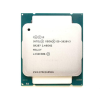 A close-up of an Intel Xeon E5-2620 v3 2.40GHz 6-Core LGA2011 server CPU, highlighting model details on the metallic surface, showcases robust server-grade performance ideal for refurbished systems.