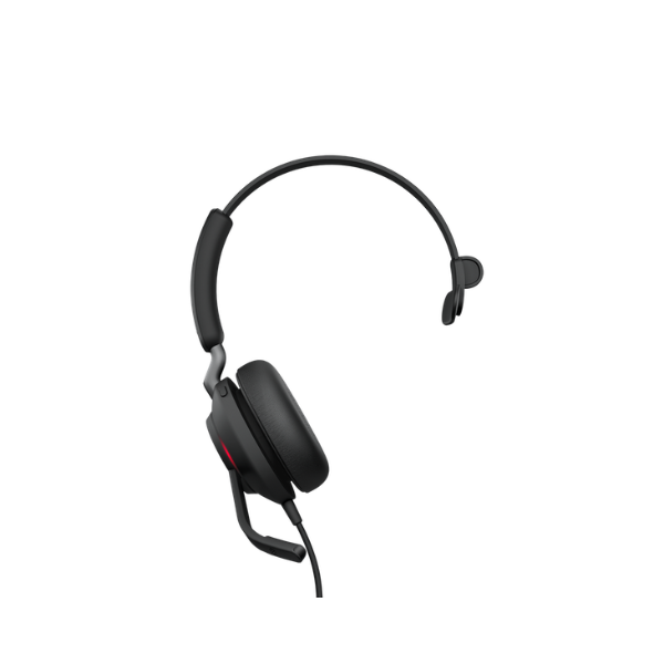 The certified refurbished Jabra Evolve2 40 Mono Wired Headset (USB-C) features a black, single-ear design with adjustable headband, cushioned ear pad, boom mic, and is shown on a white background. Brand: Jabra.