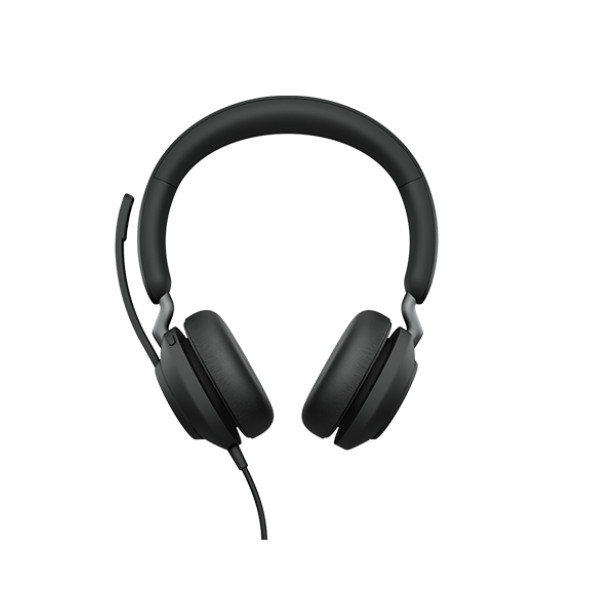 The Jabra Evolve2 40 Stereo Wired Headset in black features over-ear cushioned ear cups, a padded headband, boom mic, and USB-C connection, shown on a white background. Brand: Jabra. Model: Evolve2 40.