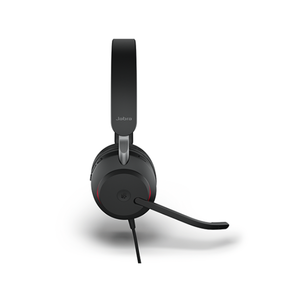 A black Jabra Evolve2 40 Stereo Wired Headset (USB-C) by Jabra, featuring an adjustable headband and microphone boom, is shown from the front against a white background.