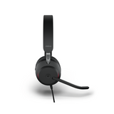 A black Jabra Evolve2 40 Stereo Wired Headset (USB-C) by Jabra, featuring an adjustable headband and microphone boom, is shown from the front against a white background.