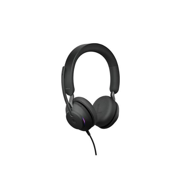 A Jabra Evolve2 40 Stereo Wired Headset in black, featuring an attached adjustable microphone, is displayed against a plain white background.