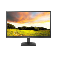 The LG 22MK400H-B 21.5" 1920x1080 monitor displays a vibrant scene of a grassy field, dirt path, distant trees, and a colorful sunset sky.