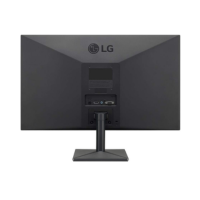 Rear view of a Certified Refurbished LG 22MK400H-B 21.5" Full HD monitor on a stand, showing the LG logo, multiple ports, and vent panel—ideal for smooth 1080p viewing with VGA and HDMI connectivity.