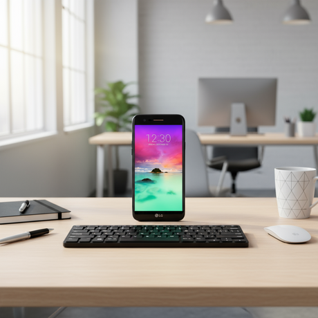 A Certified Refurbished LG K10 2017 M250 16GB Dual SIM Unlocked Smartphone by LG stands on a desk among essentials like a notebook, monitor, and keyboard, making it an affordable office tech choice.
